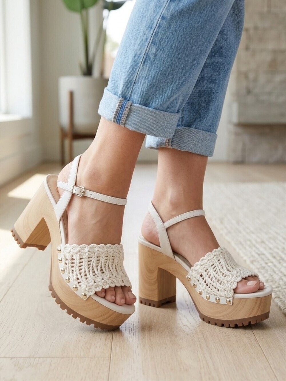 Jessica Simpson Timia Woven Platform Sandals Chalk White Boho Clog Heel 7.5 NIB!